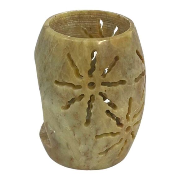 Handcrafted Stone Tealight Holder Made In India  3" Natural Beige Floral Cutouts - Picture 7 of 10